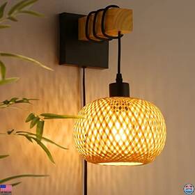 Visit The Cosylux Store 717378635245 Farmhouse Plug-in Wall Sconces - Bamboo Rattan Lantern With Wood Beam Mounting