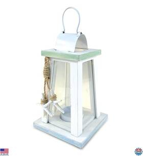 9441 Visit The Puzzled Store Wooden Beach Lantern - White Wood Metal Lanterns With Starfish Rope