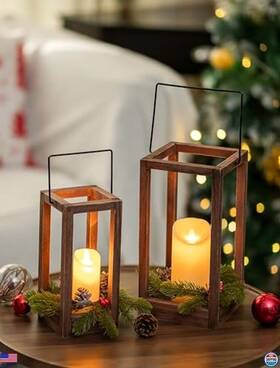 B0fm28l5jd Visit The Romadedi Store Set Of 2 Wood Christmas Lanterns With Wreath And Led Candles Rustic