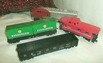 4 Vintage Ho Scale Train Cars, Tyco Caboose, Bachmann Engine,nyc Flat Car, Varne. Fixed Price $25.00.
