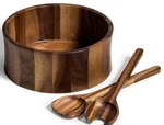 Large Acacia Wood Salad Bowl With Servers - 328B3. Fixed Price $65.49.