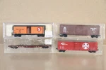 Atlas Microtrains Gauge Rake Of 4 Gn Santa Fe Npr Sp Box Car Flat Wagon. Fixed Price $42.24.
