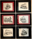 6 Cross Stitch Needlepoint Embroidered Train Locomotive Engines Complete Framed. Fixed Price $65.00.